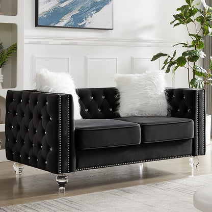mikibama Velvet Loveseat with Buttons and Square Arms 59 Inch Tufted Sofa with Trimmed Nailhead and Acrylic Legs Loveseat Couch for Living Room, Bedroom (Black-Crystal Legs, Loveseat)