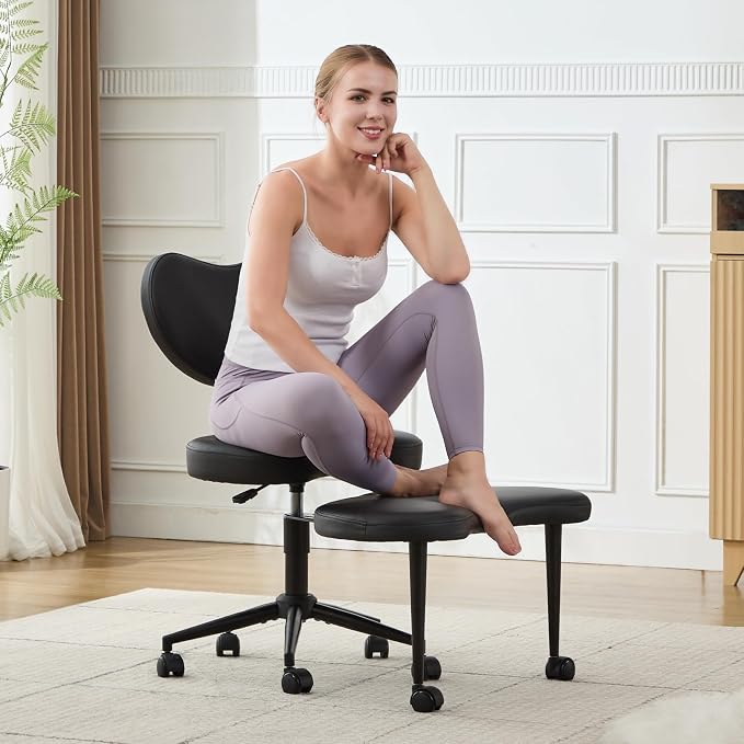 Cross Legged Office Chair, 360° Swivel Yoga Meditation Chair, Ergonomic Height Adjustable ADHD Criss Cross Office Chair with Wheels, Lumbar Support for Home Office, Black