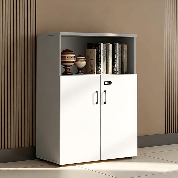 File Cabinet with Password Lock, Wood Lateral Filing Cabinet for Letter/A4 Files, 3 Drawer with Door, Printer Stand with Open Shelves for Home Office