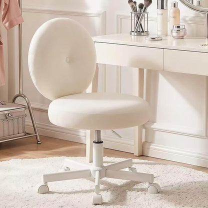 Furniliving Round Velvet Vanity Chair with Wheels, 360° Swivel Armless Desk Chair, Adjustable Height Rolling Makeup Chair for Bedroom Study Room, White