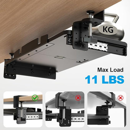 Supcline Keyboard Tray Under Desk with 60° Swivel C-Clamp & Height Adjustment for Corner Desk, 25.6 x 11.8 in Slide Out Keyboard Mouse Platform for l-Shaped & L-Shaped Table, Pull Out Keyboard Drawer
