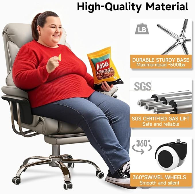 Big and Tall Office Chair 550 lbs Extra Wide Leather Executive Chair with Retractable Footrest, Heavy-Duty Ergonomic Chair, Adjustable Height Computer Gaming Chairs