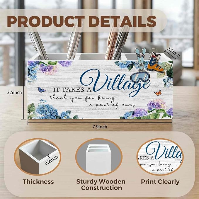 It Takes a Village Thank You Gift Pencil Pen Holder for Desk Organizer, Thank You Appreciation Gifts for Coworkers Teachers Friends Wooden Box Decorations for Home Office Desk Tabletop Decor