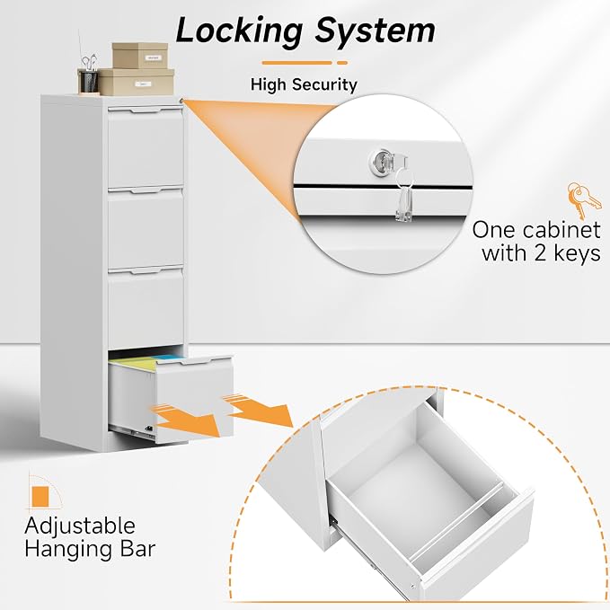Bestoo 4 Drawer File Cabinet with Lock Metal Vertical Filing Cabinet Narrow File Cabinet Locked for Home Office A4 Legal/Letter Size Assembly Required (White, 4 Drawers-Vertical)