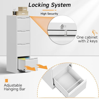 Bestoo 4 Drawer File Cabinet with Lock Metal Vertical Filing Cabinet Narrow File Cabinet Locked for Home Office A4 Legal/Letter Size Assembly Required (White, 4 Drawers-Vertical)