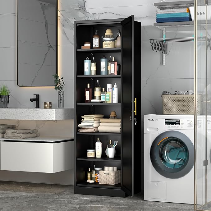 pozdeg 67" Metal Storage Cabinet with Lock, Tall Narrow Office File Cabinets with 5 Adjustable Shelves, Metal Steel Locker for Home, School, Office, Garage or Gym (Black)