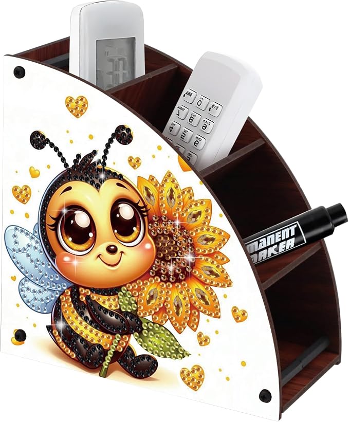 Bee and Sunflower Diamond Painting Organizer – DIY Wooden Multi-Compartment Desktop Storage Box, Rustic Tabletop Craft Kit for Adults Home or Office Use