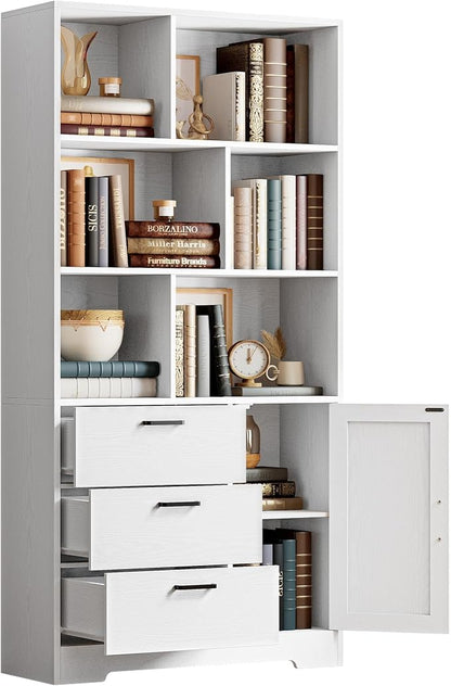 IRONCK Bookshelf, 70.9 Inch Tall Bookcase, White Book Shelf with Doors and 3 Drawers, 3-Tier Bookshelves with 6 Open Cubes for Home Office, Living Room, Study