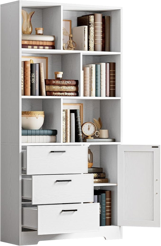 IRONCK Bookshelf, 70.9 Inch Tall Bookcase, White Book Shelf with Doors and 3 Drawers, 3-Tier Bookshelves with 6 Open Cubes for Home Office, Living Room, Study