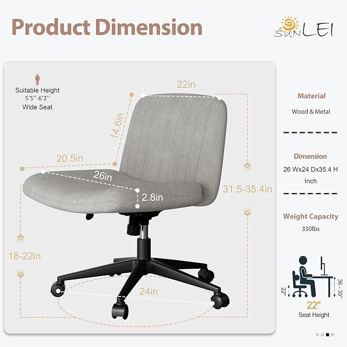 SUNLEI Cross Legged Office Chair with Wheels, Armless Wide Chair's for Vanity Desk, Criss Cross Comfy Chairs with Back, Desk Chair/s of Height Adjustable Swivel, Grey