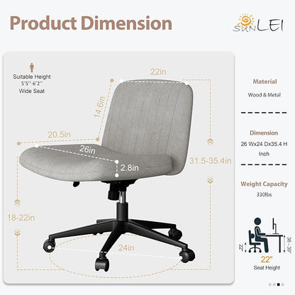 SUNLEI Cross Legged Office Chair with Wheels, Armless Wide Chair's for Vanity Desk, Criss Cross Comfy Chairs with Back, Desk Chair/s of Height Adjustable Swivel, Grey