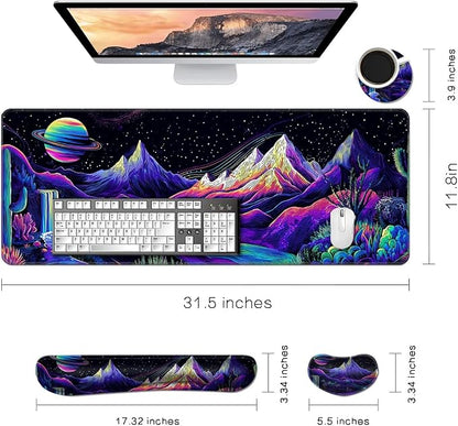 Desk Mat, Large Gaming Mouse Pad with Wrist Rest, 4 in1 XXL Mouse pad+Keyboard Wrist Rest+Mouse Pad Wrist Support+Cup Coaster Set, Ergonomic Desk Pad for Home Office, Neon Landscape