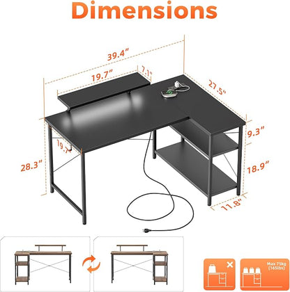 Mericonia Small L Shaped Computer Desk with Power Outlets, Reversible Gaming Desk with Storage Shelves & Monitor Stand, Corner Gamer Desk Table, Study Writing Table