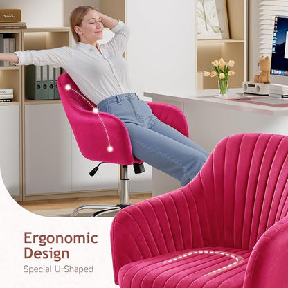 Warmiehomy Velvet Vanity Chair with Wheels, Desk Chair for Home Office, Cozy Office Chair with Arm Rest for Girl Women Bedroom, Hot Pink