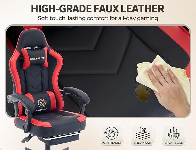 Office Desk Computer Gaming Chair for Adults, Ergonomic High Back Gamer Chair with Massage and Pocket Spring Cushion, Swivel Comfy Video Game Chairs with Footrest and Lumbar Support (Black Red)