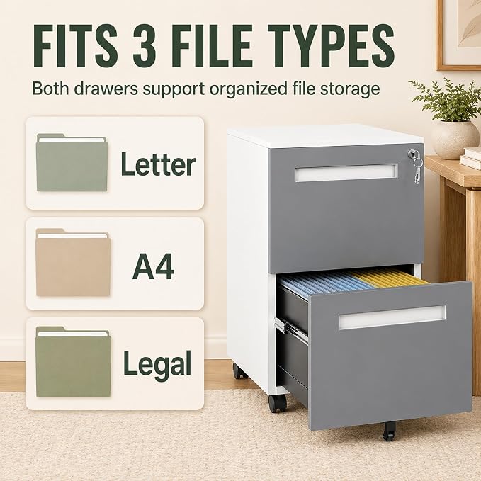 SAWJEC 2 Drawer File Cabinet with Lock, Grey Fully Assembled Rolling Metal Filing Cabinet for Home Office, Fits Letter/Legal/A4, Grey, 18" D x 15" W x 27" H