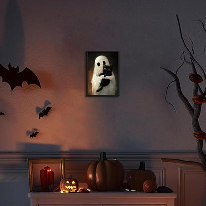 Framed Vintage Halloween Ghost Wall Art, Cute Ghost Hugging Black Cat Canvas Print, Cozy Dark Academia Gothic Halloween Decor for Living Room Bedroom, 8x10in Wood Frame
