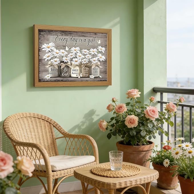 CXQILVER Framed Rustic Farmhouse Bathroom Wall Art, Vintage Daisy Flower and Butterfly Canvas Wall Decor, Inspirational Quote Country Floral Painting Poster for Bathroom Restroom Bedroom 16x24 Inch