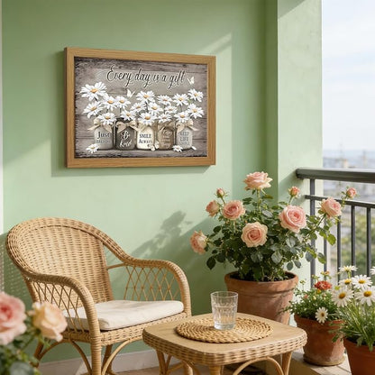 CXQILVER Framed Rustic Farmhouse Bathroom Wall Art, Vintage Daisy Flower and Butterfly Canvas Wall Decor, Inspirational Quote Country Floral Painting Poster for Bathroom Restroom Bedroom 16x24 Inch