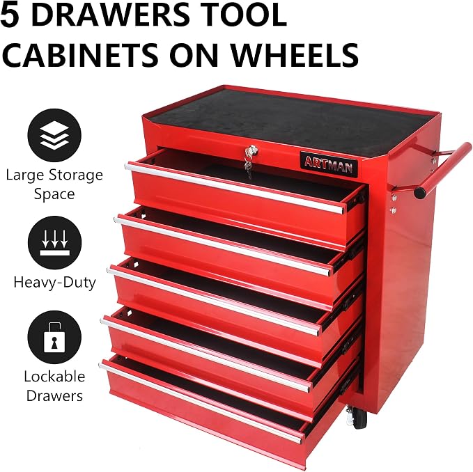 RYH 5 Drawers Rolling Tool Chest & Tool Box on Wheels | Heavy Duty Metal Cart with Ball Bearing Drawers | Fits US General Tool Box for Garage Storage (Red, 5 Drawers（29.9" H × 24.2" W × 12.9" D)
