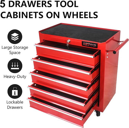 RYH 5 Drawers Rolling Tool Chest & Tool Box on Wheels | Heavy Duty Metal Cart with Ball Bearing Drawers | Fits US General Tool Box for Garage Storage (Red, 5 Drawers（29.9" H × 24.2" W × 12.9" D)