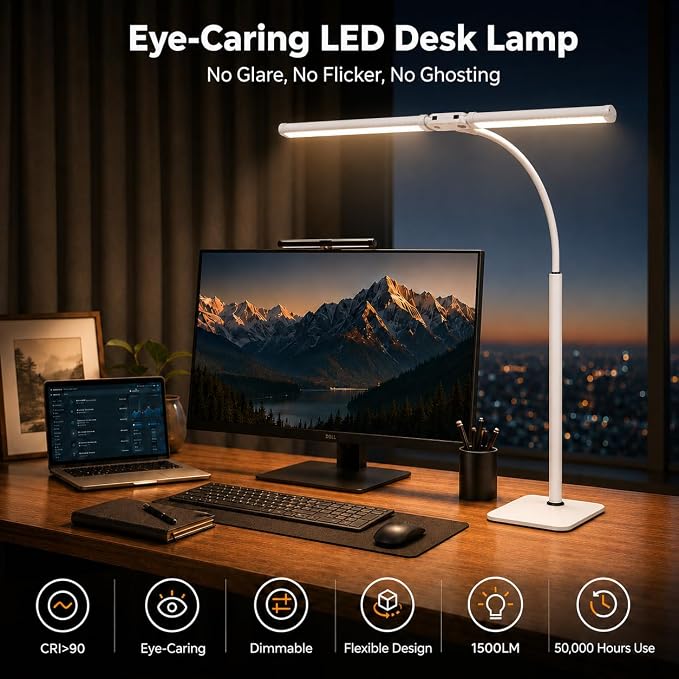 24" Double Head LED Desk Lamp, 15W Wide Architect Desk Light with Base for Home Office, Smart Memory, 360° Flexible Gooseneck Task Lamp, 3 Colors 10 Brightness Tall Monitor Light,White