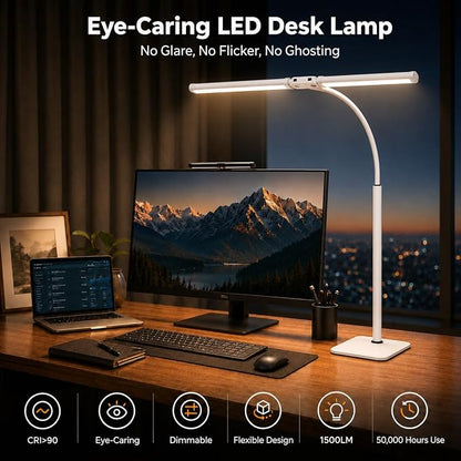24" Double Head LED Desk Lamp, 15W Wide Architect Desk Light with Base for Home Office, Smart Memory, 360° Flexible Gooseneck Task Lamp, 3 Colors 10 Brightness Tall Monitor Light,White