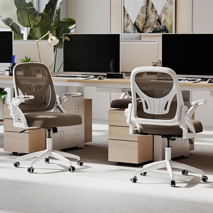 COSTWAY Office Chair, Comfy Swivel Rolling Desk Chair with Adjustable Height & Flip-Up Armrests, Ergonomic Mesh Computer Chairs with Lumbar Support for Working & Gaming (Grey)