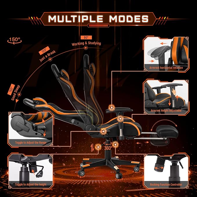 AA Products Gaming Chair High Back Ergonomic Computer Racing Chair Adjustable Office Chair with Footrest, Lumbar Support Swivel Chair - Orange