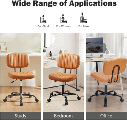 DUMOS Armless Home Office Chair: Small Desk Chair with Low Back Lumbar Support, Height Adjustable PU Leather Computer Task with 360° Swivel Wheels, for Adults, Brown
