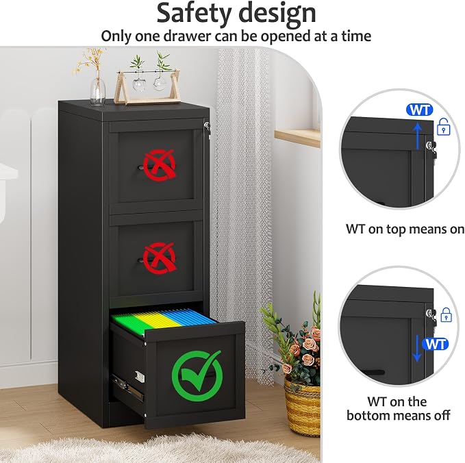 Small Metal 3-Drawer File Cabinet, Under-Desk Filing Cabinet, Black | Locking, Adjustable Hanging Rail, Fit A4, FC, Letter, Hanging File Folders for Home Office Storage Organization, 1PS