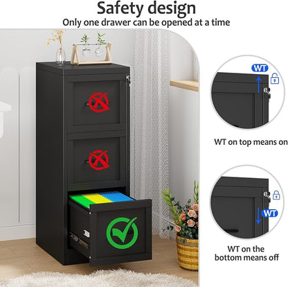 Small Metal 3-Drawer File Cabinet, Under-Desk Filing Cabinet, Black | Locking, Adjustable Hanging Rail, Fit A4, FC, Letter, Hanging File Folders for Home Office Storage Organization, 1PS