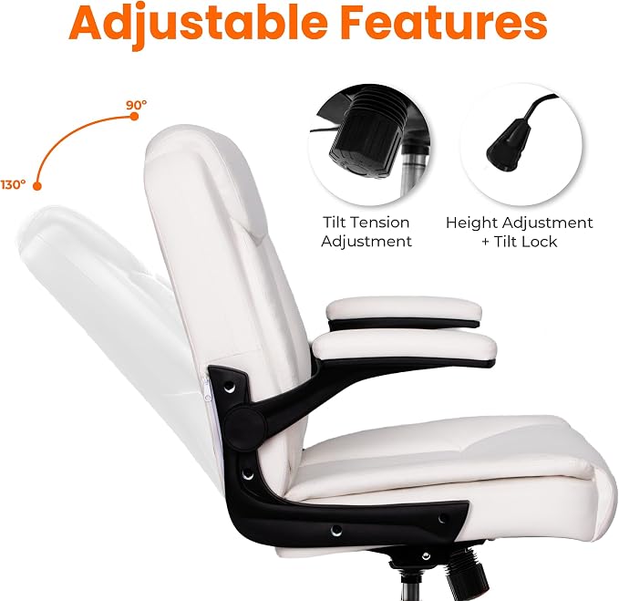 NEO CHAIR Desk Office Gaming Computer Chair Ergonomic Executive Mid-Back Leather with Adjustable Padded Flip-Up Armrests Cushion Wheels Swivel for Home Study Task (White)