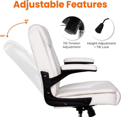 NEO CHAIR Desk Office Gaming Computer Chair Ergonomic Executive Mid-Back Leather with Adjustable Padded Flip-Up Armrests Cushion Wheels Swivel for Home Study Task (White)