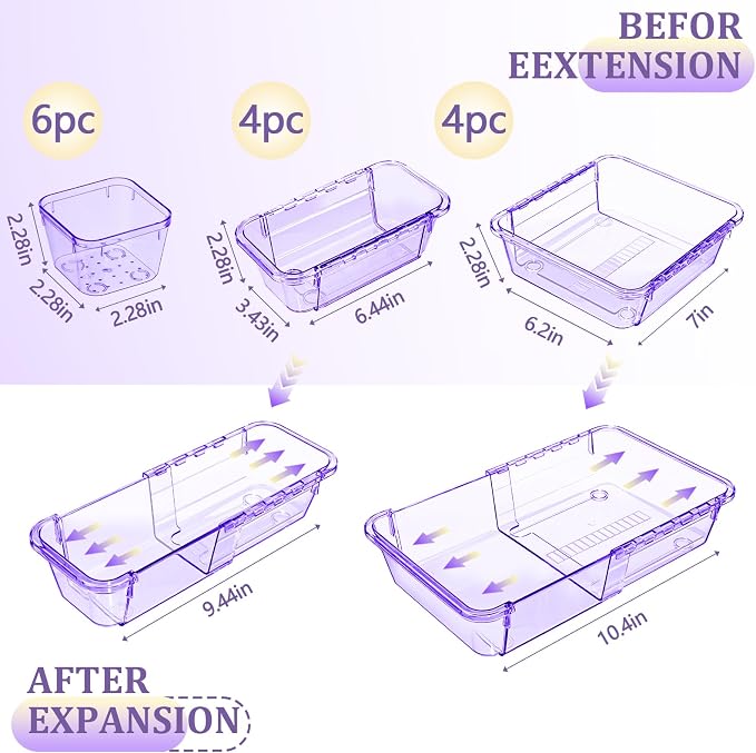 14 Pcs Adjustable Clear Drawer Organizer, Extendable Vanity Storage Bins, Desk Drawer Organizer Set for Makeup, Cosmetics, Bedroom, and Gadgets, Purple