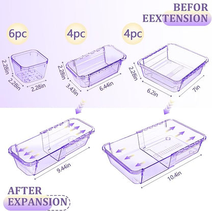 14 Pcs Adjustable Clear Drawer Organizer, Extendable Vanity Storage Bins, Desk Drawer Organizer Set for Makeup, Cosmetics, Bedroom, and Gadgets, Purple