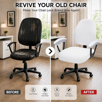 Stretchable Separate Office Chair Seat Covers with Armrest Covers - Universal Stretch Computer Chair Slipcover - Washable Rotating Backrest Coverings & Cushion Protectors for Dogs, Cats, Pets, White