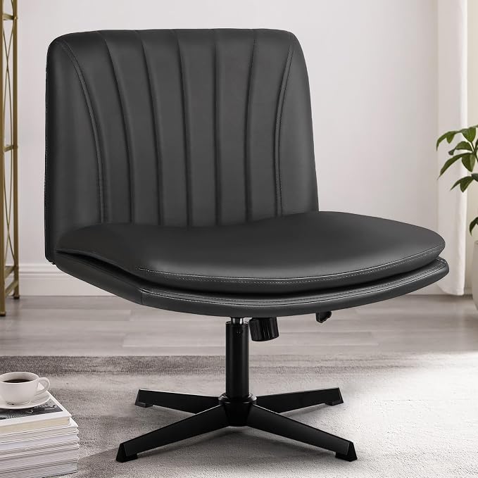 PUKAMI Criss Cross Chair,Comfy Cross Legged Office Desk Chair No Wheels,Modern Fabric Swivel Adjustable Height Mid Back Wide Seat for Home Office Computer (Pu Grey)