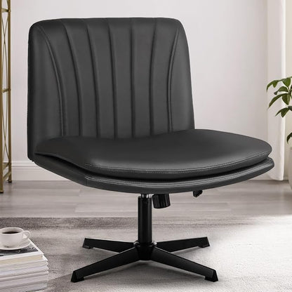 PUKAMI Criss Cross Chair,Comfy Cross Legged Office Desk Chair No Wheels,Modern Fabric Swivel Adjustable Height Mid Back Wide Seat for Home Office Computer (Pu Grey)