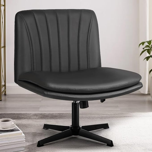 PUKAMI Criss Cross Chair,Comfy Cross Legged Office Desk Chair No Wheels,Modern Fabric Swivel Adjustable Height Mid Back Wide Seat for Home Office Computer (Pu Grey)