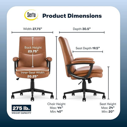 Serta Comfort Modern Executive Office Chair, Ergonomic Mid-Back Computer DeskChair, Semi Plush Cushion Seat, Double-Layer SertaQuality Foam, Padded Armrests, Metal Swivel Base, Bonded Leather, Cognac