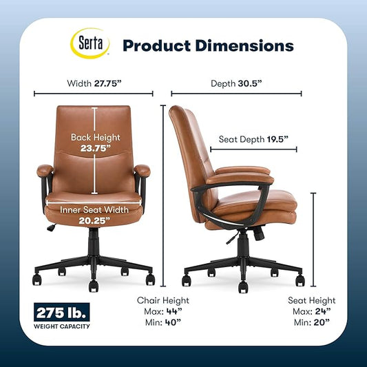 Serta Comfort Modern Executive Office Chair, Ergonomic Mid-Back Computer DeskChair, Semi Plush Cushion Seat, Double-Layer SertaQuality Foam, Padded Armrests, Metal Swivel Base, Bonded Leather, Cognac