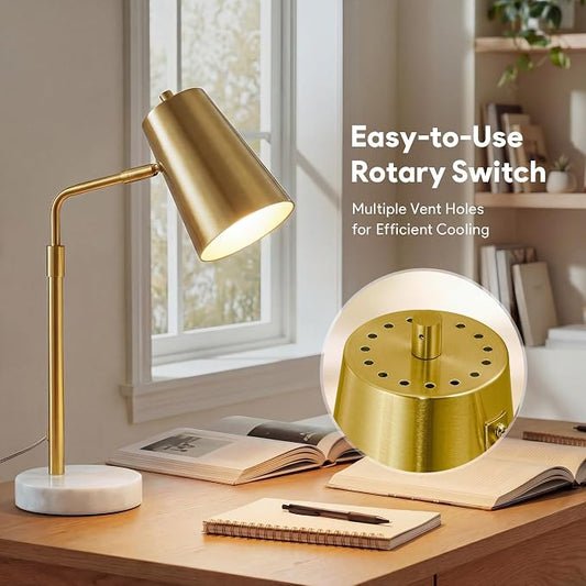 VONLUCE Gold Desk Lamp with LED Bulb Adjustable, Antique Brass Metal Table Lamp Marble Base, Mid Century Modern Reading Lamp Office, 20’’ Industrial Task Lamp Work Lamp for Reading Bedroom
