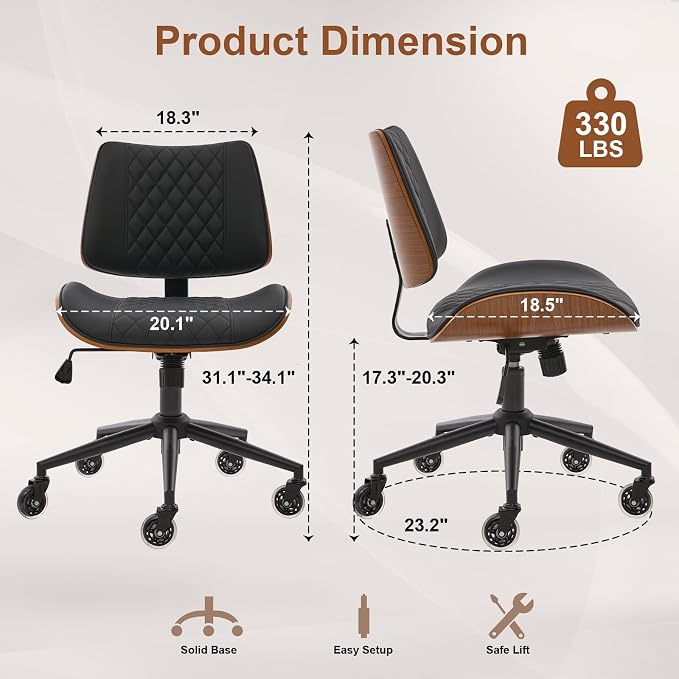 Armless Office Chair with Wheels, Ergonomic Leather Chair, Mid Back 360 Swivel Computer Chair, Modern Walnut Desk Chair for Small Space, Reading, Meeting Room, Black