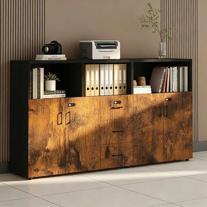 File Cabinet with Password Lock, Wood Lateral Filing Cabinet for Letter/A4 Files, 3 Drawer with Door, Printer Stand with Open Shelves for Home Office