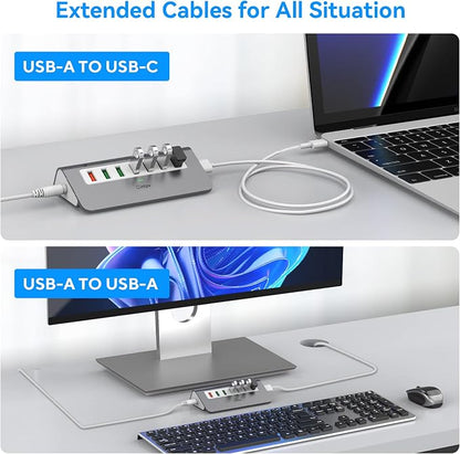 Powered USB Hub 10Gbps, 7 Port USB 3.2 Gen 2 Hub with 4 USB 3.2 Data Ports, 3 Fast Charging Ports, 36W Power Adapter, Type A and Type C Cable, Aluminum USB Hub for Laptop, Mac, PC