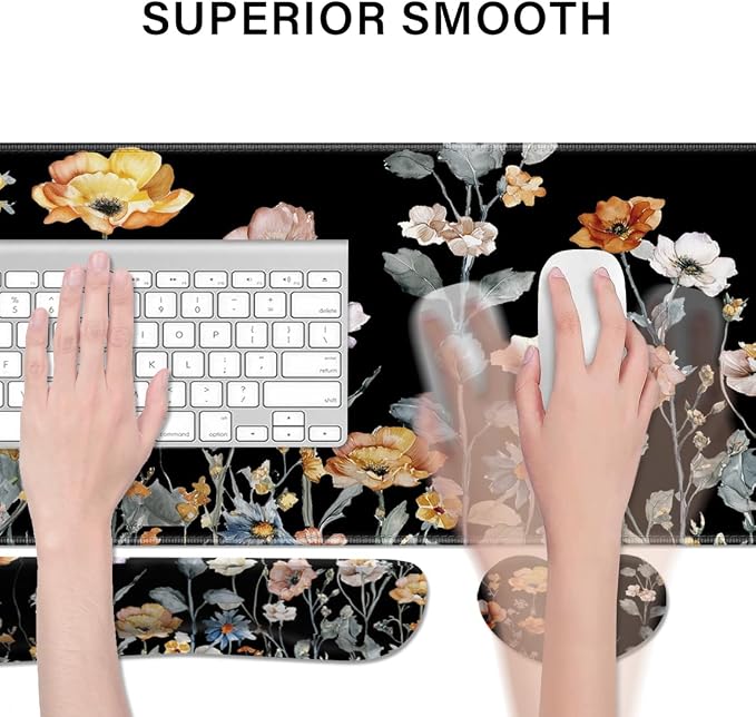 Desk Pad and Keyboard Wrist Rest, Large Mouse Pad + Keyboard Pad+Mouse Wrist Support, Non-Slip Desk Mat Protector for Office, Home 31.5×11.8 Inches Fall Floral