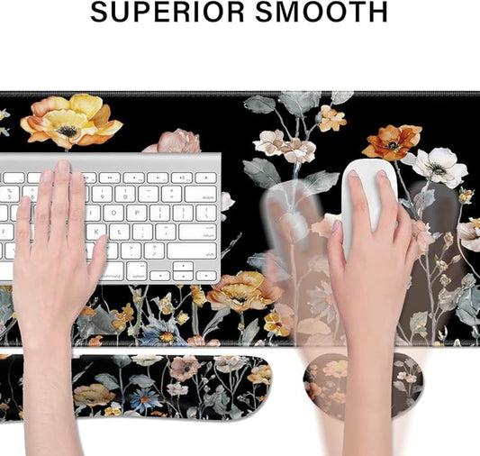 Desk Pad and Keyboard Wrist Rest, Large Mouse Pad + Keyboard Pad+Mouse Wrist Support, Non-Slip Desk Mat Protector for Office, Home 31.5×11.8 Inches Fall Floral