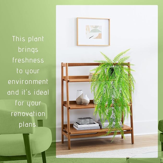 Small Artificial Hanging Plant for Shelf Fake Plant Potted Boston Ferns Faux Trailing Leaves Plant for Indoor Outdoor Aesthetic Office Living Room Shelf Decor (Black Pot)
