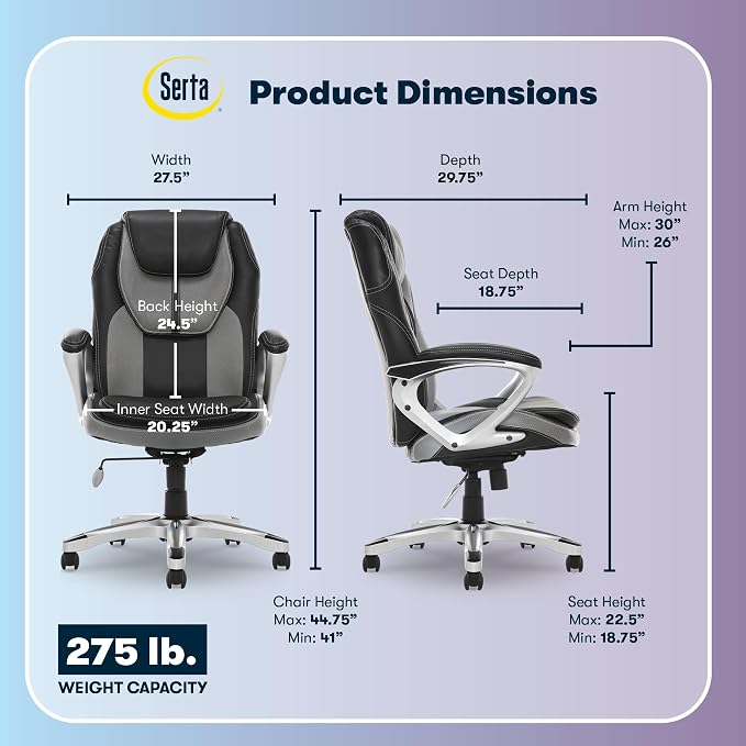 Serta Amplify Executive Office Chair with Faux Leather and Mesh, Adjustable Ergonomic Comfy Seat with Lumbar Support, Modern Computer DeskChairs, Swivel Rolling Wheels, Gray